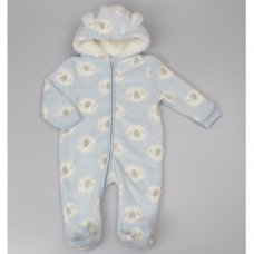 F22558:  Baby Sky Teddy Print Hooded Cuddle Fleece All In One (3-12 Months)